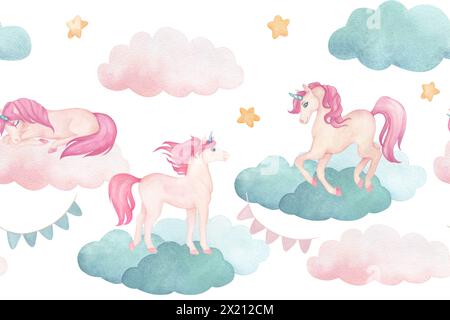 Nahtloser Rand oder Rahmen mit Illustration von süßen Zeichentrickfilmen, rosa Einhörnern, Fahnen und Wolken. Zur Dekoration des Kinderzimmers Stockfoto