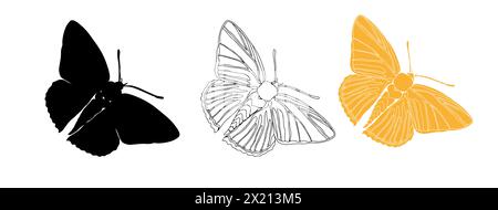 Schmetterlingsfarben mit schwarzer Tinte und Silhouettenabbildungen zum Schneiden. Insektenset zum Ausmalen von Seiten, Tätowierungen, handgezeichneten Aufklebern. Vektor Stock Vektor
