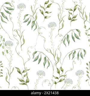 Nahtloses Blumenmuster mit Wildblumen und Kräutern. Aquarellillustration blühende Wiese Hintergrund. Stockfoto