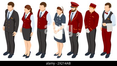 Isometrischer Hotelservice Rezeptionist Bäcker und Kellner, Putzfrauen und Portier, Mitarbeiter im Gastgewerbe, Hotelrestaurant-Team. Menschen in Uniform. Service Stock Vektor