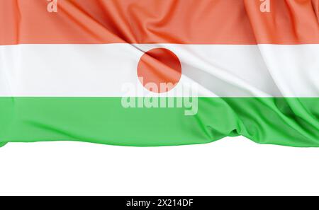 Flagge von Niger isoliert auf weißem Hintergrund mit Kopierraum darunter. 3D-Rendering Stockfoto
