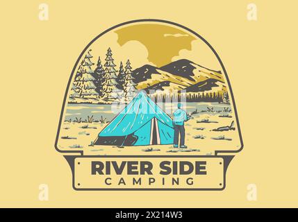 Camping am Fluss. Vintage-Design mit Illustrationen für den Außenbereich Stock Vektor