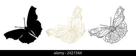 Schmetterlingsfarben in schwarzer Tinte, Goldfolie und Silhouettenabbildungen. Insektenset zum Ausmalen von Seiten, Tattoo-Silhouette, handgezeichnete Aufkleber, Ausmalen p Stock Vektor