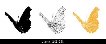 Farbige Zeichnungen mit Schmetterlingsfarben und detailgetreuen Silhouetten zum Laserschneiden. Insektenset zum Ausmalen von Seiten, Tätowierungen, handgezeichneten Aufklebern. Vektor Stock Vektor