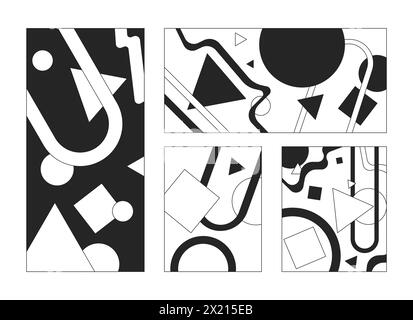 Abstrakte Gemälde mit geometrischen Mustern schwarz-weiß 2D-Zeichentrickobjektset Stock Vektor