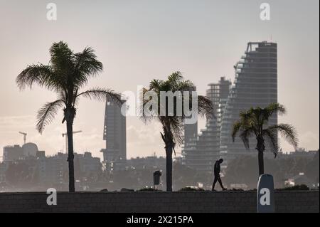 Ruhige Silhouettenszene mit Palmen und einer Person, die spaziert, mit der Stadtlandschaft von Limassol im Hintergrund. Zypern Stockfoto