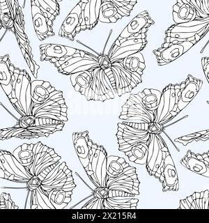 Ein blauer Hintergrund mit einem Schmetterlingsmuster. Die Schmetterlinge sind schwarz-weiß gezeichnet. Die Schmetterlinge sind so angeordnet, dass sie einen erzeugen Stock Vektor