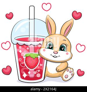 Niedliches Karikaturhase mit einem großen Erdbeergetränk. Vektor-Illustration von Tier und einer Tasse rotem Wasser auf weißem Hintergrund mit roten Herzen. Stock Vektor