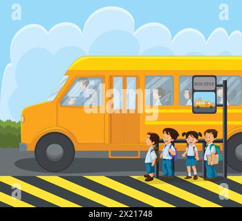 Kinder stehen in einer Warteschlange, um in die Bus-Vektor-Illustration zu gehen Stock Vektor