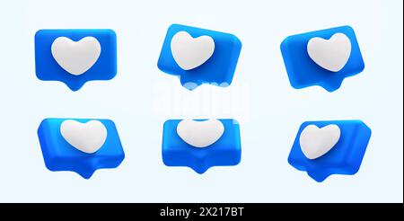 Satz von 3D-Vektor-Herz-Textfeldern, Herzsymbolen, Benachrichtigung über soziale Medien, Emoticon auf der Chat-Box. Herzsymbol auf einem blauen Pin, isoliert. Herzensset in Sprechblase. 3D-Vektordarstellung. Vektorabbildung Stock Vektor