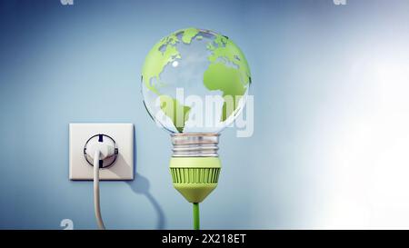 Erdungsförmige Glühlampe an Steckdose angeschlossen. Nachhaltigkeitskonzept. 3D Abbildung. Stockfoto
