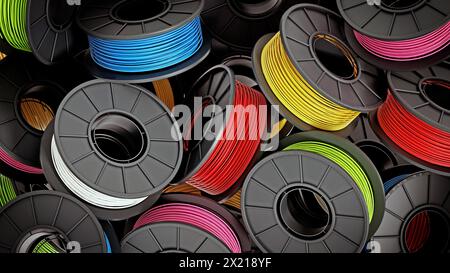 Stapel von bunten 3D Druckerfilamenten. 3D Abbildung. Stockfoto