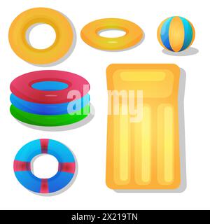 Satz isolierter Gummischwimmringe. Lebensrettender schwimmender Rettungsring für Strand oder Schiff, Rettungsgurt zur Rettung von Menschen. Wasser- und Strandthema, sichere Symbole. Ball, aufblasbare Matratze, aufblasbarer Pool Stock Vektor