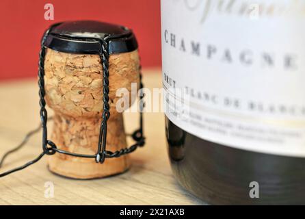 Korkstecker mit Muselet (Drahtkäfig) aus Champagner Stockfoto