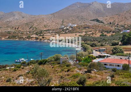 Überblick über die Bucht und den Strand von Partheni, die Insel Leros, die Inseln Dodekanes, Griechenland Stockfoto