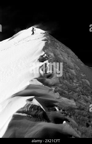 Frau auf Skitour klettert über Schneegrat nach Güntlespitze, Güntlespitze, Allgäuer Alpen, Vorarlberg, Österreich Stockfoto