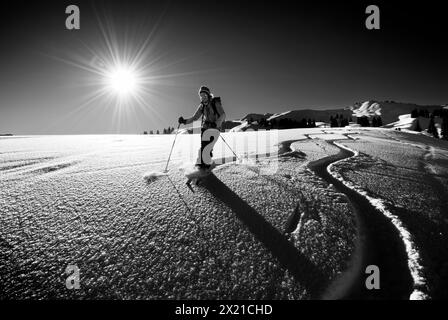 Frau auf Skitour Skifahren durch Tiefschnee mit Raureif, Bleicherhorn, Allgäuer Alpen, Schwaben, Bayern, Deutschland Stockfoto