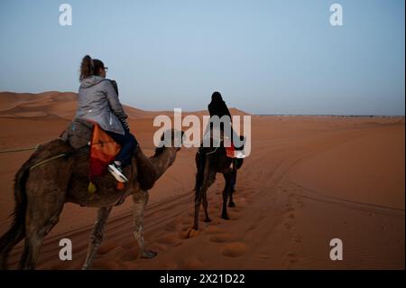 Kamelritt in der Wüste merzouga, zwei Frauen navigieren im sanften Licht durch den Sand. Stockfoto