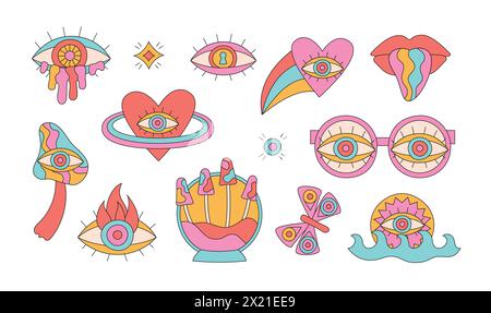 Retro groovy Hippie abstrakte Brille, Herz, Auge, Mund, Pilz, Schmetterling. Trippige, helle Aufkleber-Set mit Cartoon. Stock Vektor