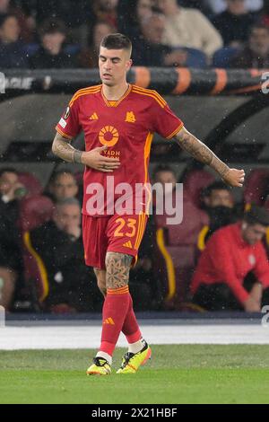 Rom, Italien. April 2024. Stadio Olimpico, Roma, Italien - Gianluca Mancini von AS Roma jubelt, nachdem er in der 12. Minute während der UEFA Europa League das Tor 1-0 geschossen hat - Viertelfinale - Fußballspiel 2. Bein, Roma vs. Mailand, 18. April 2024 (Foto: Roberto Ramaccia/SIPA USA) Credit: SIPA USA/Alamy Live News Stockfoto