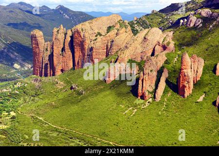 Felsen von Mallos de Riglos, Spanien, Aragon, Huesca Stockfoto