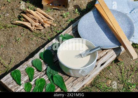 Herstellung von veganen Kartoffelchips auf Pflanzenbasis mit Brennnesselblättern, Schritt 2: Pfannkuchenteig wird vorbereitet, Serienbild 2/5 Stockfoto