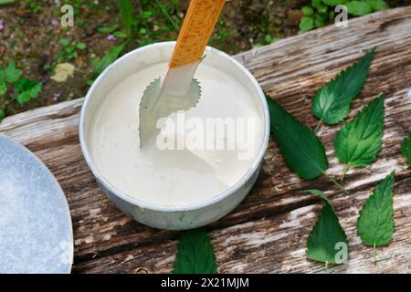 Herstellung von veganen Kartoffelchips auf Pflanzenbasis mit Brennnesselblättern, Schritt 3: Brennnesselblätter werden in den Teig getaucht, Serienbild 3/5 Stockfoto