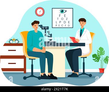 Optometrist Vektor-Illustration mit Ophthalmologe überprüft Patientenblick, optische Augenprüfung und Brillen-Technologie im flachen Zeichentrickhintergrund Stock Vektor