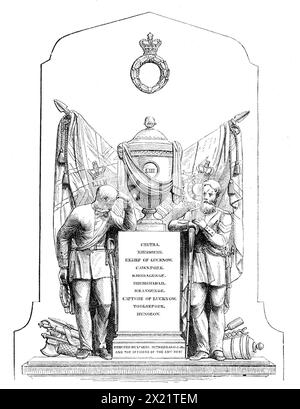 Monument In St. Chad's Church, Shrewsbury, an die Offiziere und Männer des 53. (Shropshire) Regiments, die während der indischen Aufstände 1864 fielen. Ein Denkmal wurde gerade im Vorraum von St. errichtet Tschad's Church,... auf Kosten von Generalleutnant Sutherland, C.B., und anderen Offizieren des 53. Regiments, zum Gedenken an die Offiziere, Unteroffiziere, und Gefangene des Regiments, die während der indischen Meuterei in den Jahren 1857, 1858 und 1859 an den Folgen ihrer Wunden und der Entleerung starben. Die Beerdigungsurne steht auf einem einfachen Sockel, Witz Stockfoto