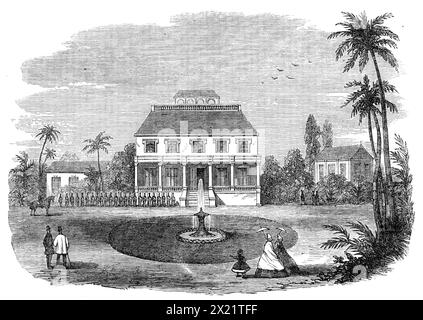 Palast des verstorbenen Königs der Sandwichinseln in Honolulu, 1864. "Wir haben in letzter Zeit viel von einer wachsenden Zivilisation und dem Christentum in dieser wichtigen Inselgruppe gehört, die eine halbe Station zwischen Amerika und Asien im Nordpazifik bildet. Der junge König, dessen vorzeitiger Tod jetzt von allen beklagt wird, die ein Interesse am moralischen und intellektuellen Fortschritt der hawaiianischen Rasse oder an der politischen Unabhängigkeit der Sandwichinseln empfinden, war in der Tat ein feiner Kerl, mit dem Verstand und den Manieren eines englischen Gentlemen... starb Kamehameha IV. im Palast von Honolulu am 30. November. Auf dem Stockfoto