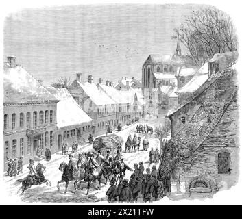 Der Krieg in Schleswig: High-Street, Hadersleben - nach einem Entwurf unseres Sonderkünstlers, 1864. Blick auf die Hauptstraße von Hadersleben, heute Hauptquartier der alliierten preußischen und österreichischen Armeen. Diese Stadt, die an einem Golf oder Einlauf der Ostsee an der Ostküste Schleswigs liegt, hat eine Bevölkerung von etwa sechstausend Seelen. Sie ist teilweise auf einer kleinen Insel errichtet, die durch Brücken mit dem anderen Teil der Stadt verbunden ist. Daher wurde es früher Venedig von Dänemark genannt und die Figur der Brücke ist unter den Wappen der Stadt zu sehen. Seine Gemeinde Stockfoto