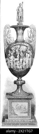 Die Alexandra Vase, die 1864 von den dänischen Bewohnern in Großbritannien der Prinzessin von Wales präsentiert wurde. Hochzeitsgeschenk '...designed und ausgeführt in oxydiertem Silber von Mr. Ies Barkentin, selbst ein Anglo-Däne. Die Form der Vase, die mit ihrer Basis 3 Fuß beträgt. 6 Zoll In der Höhe wurde aus den reinsten griechischen Modellen studiert, aber die Ornamentik ist durchweg skandinavisch, und die Figuren in den verschiedenen Gruppen sind allesamt Illustrationen entweder der Mythologie oder der Geschichte des alten Dänemark. Auf dem Körper der Vase und ihrem Hals und Griffen, die charakteristischste der mythologischen Geschichten des Nein Stockfoto