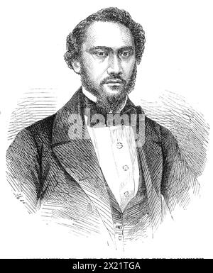 Kamehameha IV., der verstorbene König der Sandwichinseln, 1864. Gravur von einem Foto. "Der junge König, dessen vorzeitiger Tod jetzt von allen beklagt wird, die ein Interesse am moralischen und intellektuellen Fortschritt der hawaiianischen Rasse oder an der politischen Unabhängigkeit der Sandwichinseln empfinden, war in der Tat ein feiner Kerl, mit dem Verstand und den Manieren eines englischen Gentlemans... stand er über 1,6 m hoch. In der Höhe, von einem olivfarbenen Teint, einem sehr angenehmen Aussehen und einem angenehmen Gentleman-Verhalten... Er sprach Englisch... ohne den geringsten ausländischen Akzent... und hat seitdem vielleicht keinen Souverän mehr gemacht Stockfoto