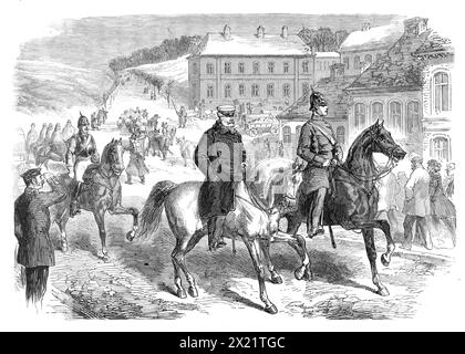 Der Krieg in Dänemark: Marschall von Wrangel, der preußische Oberbefehlshaber in Hadersleben - nach einer Skizze unseres Sonderkünstlers, 1864. "...der preußische Oberbefehlshaber... reitet durch den Nordmarkt Hadersleben, in Anwesenheit von Leutnant von Wrangel, seinem Aide-de-Camp. Es ist ein charakteristisches Porträt des alten Feldmarschalls, der sein Pferd elf oder zwölf Stunden lang tapfer sitzt und trotz seines hohen Alters Müdigkeit und raues Wetter viel besser aushält als einige jüngere Männer. Aus Illustrated London News, 1864. Stockfoto