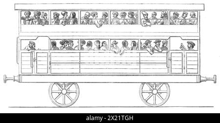 Zweistöckiger Wagen dritter Klasse auf der Bombay, Baroda, and Central India Railway, 1864. [Diese Art von Kutsche] "...wurde Anfang des Jahres 1862 zum ersten Mal versucht und wurde als populär bei den Einheimischen und wirtschaftlich für die Firma gefunden. Diese Wagen sind in der Regel besser gefüllt als die gewöhnlichen, für die Fahrgäste mögen sie besser. Sie sind für je 120 Passagiere gebaut, d. h. 70 im unteren Stockwerk und 50 im oberen Stockwerk, während die gewöhnlichen Wagen nur 70 Personen befördern. Man kann also feststellen, dass sieben der zweistöckigen carr Stockfoto