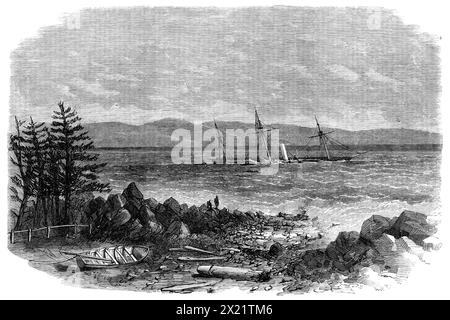 Das Wrack des Dampfpakets der Bohemian, Montreal Ocean Company, vor der Küste von Maine, 1864. Gravur nach einer Skizze von Mr. Bateman Smith, einer der Kabinenpassagiere von diesem Schiff auf den Felsen in der Nähe von Portland Harbour... wo sie auf Grund ging... der Dampfer, der 19 Kabinenpassagiere und 199 Steerage, neben den Post und Fracht, trug, umrundete gerade Cape Elizabeth... als sie auf einen Vorsprung namens St. schlug Alden's Rock... die Nacht war nebelig... es scheint, dass der Meister, Captain Borland, die Entfernung der Lichter, die auf Cape Elizabeth sichtbar sind, falsch eingeschätzt hatte. Das Schiff hat... eine große Größe Stockfoto