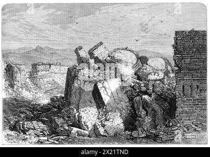 Zerstörung der Befestigungsanlagen der Ionischen Inseln: Die Steilwand des Donjons von Vido nach der Explosion am 11. März 1864. Blick auf die Stätte... nach der Explosion von drei Tonnen Schießpulver dort, als die massiven Steinmauern in einem Moment waren, das Verhalten der Regierung Ihrer Majestät beim Abriss der Befestigungen von Korfu vor der Übergabe der Ionischen Inseln an Griechenland wurde in letzter Zeit Gegenstand einer parlamentarischen Debatte... in den letzten drei Wochen wurden nicht nur die Befestigungen von Korfu teilweise abgerissen, sondern auch die Ionischen Inseln an Griechenland übergeben. aber Hunderte von großen g Stockfoto