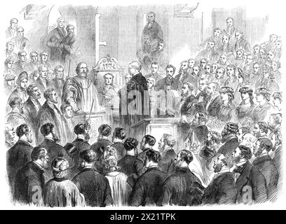 Garibaldi in England: Präsentation der Ansprache des Stadtrates von Southampton an Garibaldi, in der Townhall, 1864. Ein Blick auf das Innere des Stadthauses, eine Wohnung über dem Bargate, wo sich die Mitglieder der Corporation versammelten, um Garibaldi zu empfangen und ihm eine Begrüßungsadresse zu überreichen. Der Stadtschreiber liest hier die Adresse, auf die der illustre Besucher hört, und steht zur Rechten des Bürgermeisters. Aus Illustrated London News, 1864. Stockfoto