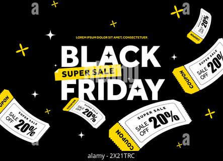 Black Friday Super Sale Bannervorlage mit fliegenden Coupons oder Gutscheinen, isoliert auf dunklem Hintergrund. Hintergrund der Veranstaltung für Gutscheine oder Gutscheine. Gutscheincodes. Vektorabbildung. Vektorabbildung Stock Vektor