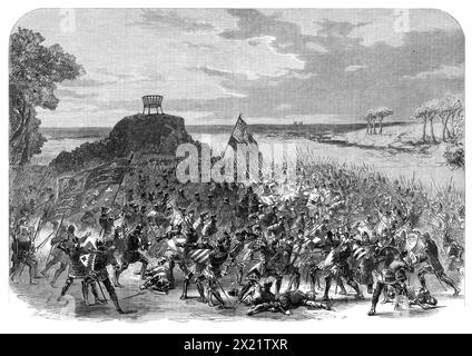 The Shakspeare Commemoration: Szene aus Shakspeares Stück „König Heinrich IV.“, Teil I, gespielt in Drury Lane – Battle of Shrewsbury, im letzten Akt, 1864. "In unserer Rezension über die Aufführung dieses wunderbaren historischen Dramas in Drury Lane haben wir nicht nur die bewundernswerte Art und Weise bemerkt, in der das Stück durchgehend gespielt wird, sondern auch das Geschick und die Wirkung, mit der im letzten Akt die Schlacht von Shrewsbury geführt wurde. Der General mel&#xe9;e wurde durch Bühnenvorkehrungen vorbereitet, die ihm die größte Wirkung verliehen, sowohl in Bezug auf die Pünktlichkeit seines Aussehens als auch in Bezug auf die Vollständigkeit Stockfoto