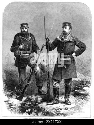 Dänische Infanterie-Soldaten - fotografiert aus dem Leben, 1864. Gravur aus einer Zeichnung von zwei dänischen Infanteriesoldaten, wie er bei der Aufnahme des Fotos erschien, gerade bereit für den marsch für sein Regiment; und der andere, der zum 1. Regiment der Linie gehört, stationiert auf der Suche. Beide Geschlechtsbilder der Männer sind gut erhalten; und in jedem Fall sind wir von der Intelligenz, dem Geist und der männlichen Einfachheit des Gesichtsausdrucks der Männer beeindruckt. Ihre Uniform ist schlicht und bequem, wenn auch von Cours Stockfoto