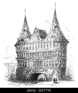 L&#xfc;beck: Holstein Thor, 1864. Blick auf '...den edlen Holstein Thor, der vor uns steht, als wir die L&#xfc;Beck Station verlassen, und uns einen ernsthaften Einblick in die Pracht gibt, die uns in den Mauern von L&#xfc;Beck erwartet. Dieses Tor ist, wie die meisten Gebäude hier, aus roten und verglasten Ziegeln, die in verschiedenen Geräten angeordnet sind. Es bildet ein außergewöhnlich markantes und malerisches Objekt, während wir diese herrliche Altstadt betreten. Aus Illustrated London News, 1864. Stockfoto