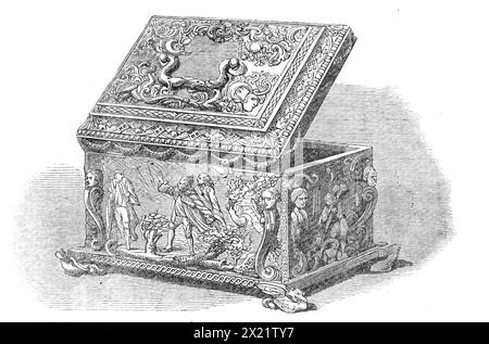 Box aus dem Holz des Maulbeerbaumes Shakspeare, die [David] Garrick von der Stadt Stratford-on-Avon (1864) überreicht wurde. Gegenstand aus einem Vermächtnis an das British Museum: "...die Kiste oder Schatulle, hergestellt aus dem Holz des Maulbeerbaums, der von Shakspeare gepflanzt wurde, in der die Freiheit des Stadtteils Stratford-on Avon [Shakespearischer Schauspieler David] Garrick überreicht wurde. Diese Schatulle wurde vom verstorbenen Mr. Mathews, dem Komiker, bei Mrs. Garricks Verkauf gekauft. Und als seine Bibliothek und Kuriositäten im August 1835 zum Hammer gebracht wurden, wurde sie unter einer Menge von Bietern zu Mr. George Daniel, A, geworfen Stockfoto