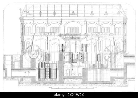 Die Metropolitan Main-Drainage Works: Maschinen zum Heben des Abwassers, 1864. Diagramm des Ausfalls des südlichen Systems bei Crossness, zwei Meilen unterhalb von Woolwich... die Gebäude enthalten Motoren, Kessel und andere Maschinen, die mit dem großen Pumpwerk verbunden sind. Das Maschinenhaus... hat beträchtliche architektonische Anmaßungen, die Details der Teile, die dem Auge nahe kommen, wie die Eingangstüren auf der Flussseite und andere Teile, mit fein geschmiedeten Formteilen und anderen Details... und in ihm wurden Motoren mit 500-PS-Kraft errichtet, um LIFE zu nutzen Stockfoto