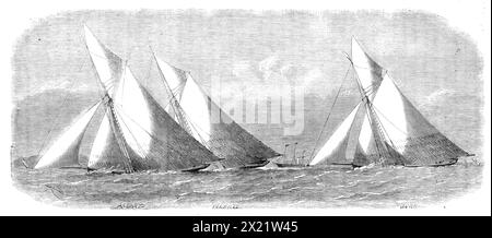 The Yacht Matches in the Thames: Royal London Yacht Club, Mai 30: The Cutters off Southend, 1864. Astarte; Volante; Surf. "Die Schiffe, die begonnen haben, waren: Die Surf, 54 Tonnen, von Herrn G. Harrison; Volante (59 Tonnen), Eigentümer H. C. Maudslay; Astarte (75 Tonnen), Eigentümer T. Seddon; Vindex (45 Tonnen), Eigentümer A. Duncan; und Banshee (53 Tonnen), Besitzer Mr. J. Jones...The Surf wurde letztes Jahr von Fife gebaut...The Volante wurde 1851 von Harvey gebaut...die Astarte ist ein neues eisernes Schiff, gebaut von Messrs. Day und Co..... der Vindex ist aus Eisen, gebaut letztes Jahr in Millwall...die Banshee ist ein neues Schiff, b Stockfoto