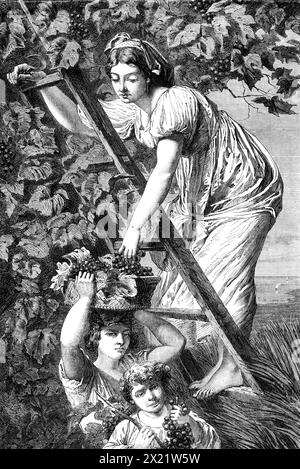 "Traubensammeln in der Nähe von Neapel", von A. de Curzon, in der Ausstellung der Schönen Künste in Paris, 1864. Gravur eines Gemäldes. "Das Thema dieses Bildes, von einem Künstler, dessen Ruf sich seit langem etabliert hat, wurde von Lamartines "Graziella" vorgeschlagen, einer Romantik voller malerischer Beschreibung, die einen Maler der Gefühle inspiriert. Die dargestellte Szene ist die, in der Graziella mit ihren beiden jungen Brüdern Traubenernte beschäftigt ist. Der landschaftliche Teil des Tableaus ist zwar von sekundärer Bedeutung, wurde jedoch mit Sorgfalt gemalt und repräsentiert getreu eine Vintage-Szene A Stockfoto