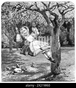 The Swing von W. L. Thomas in der Ausstellung der Society of British Artists, 1864. Mr. Thomas hat seine Zeichnung auf Holz zu gut gemacht, als dass es verbale Illustration braucht. Natürlich sieht der Leser aus dem Hammer und den Bällen, dass die kleine Dame in den Garten gekommen ist, um Krocket zu spielen. Wahrscheinlich hat sie bereits am erfolgreichsten gerochen und gekrochen und hat die ganze Runde der Reifen gemacht, die Pause durchlaufen, bis ein weiteres Spiel auf dem Gartentrapez begonnen wird, auf dem sie so furchtlos wie eine Blondi-Frau auftritt Stockfoto