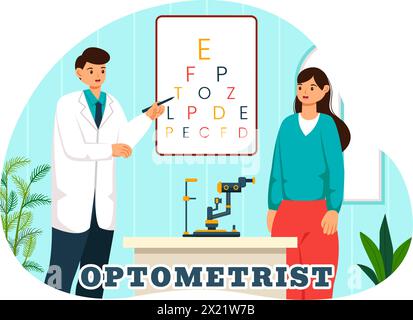 Optometrist Vektor-Illustration mit Ophthalmologe überprüft Patientenblick, optische Augenprüfung und Brillen-Technologie im flachen Zeichentrickhintergrund Stock Vektor