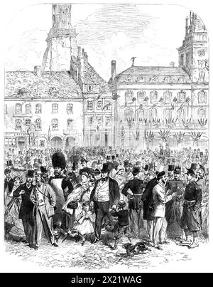 Englische Ausflügler in Calais, 1865. "In diesen Tagen, wie auch im Zeitalter von Hogarth, Smollett und Stern, könnte die humorvolle Situation einer gewöhnlichen Gruppe englischer Ausflügler bei ihrer Landung in Calais, wenige Stunden nach ihrer Verlassen Londons, zum Thema einer wohlgefälligen satirischen Beobachtung gemacht werden. aber die Illustration, die von einem unserer eigenen Künstler stammt, die wir graviert haben... scheint nicht viel zu kommentieren, über das hinaus, was die Erfahrung vieler unserer Leser, die ähnliche Szenen gesehen haben, sehr bereitwillig liefern wird. Der ehrliche Kaufmann, der geht, begleitet von h Stockfoto