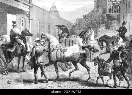 Ankunft für die Horse Show in der Agricultural Hall, Islington, [London], 1865. "Ein prächtiges Paar "Wimbushes" nahm den Kutschenpferd-Preis, schlug Mr. Cotterills Kastanien, die einen zu schweren Bruch hinter sich hatten, wegen der tiefen Bräune. Es gab ein paar bemerkenswert clevere Ponys, die den Richtern eine Welt voller Unannehmlichkeiten bescherten, und eine 13&#xbd; Handpony, Mr. Bonner's Wee Willie, das seine Beschreibung als "Knabenjäger" nach dem Stil ausführte, in dem es über die Hürden sprang, erhielt zu Recht einen der Sonderpreise in der Extraklasse. Mr. George Holmes gewann wi Stockfoto